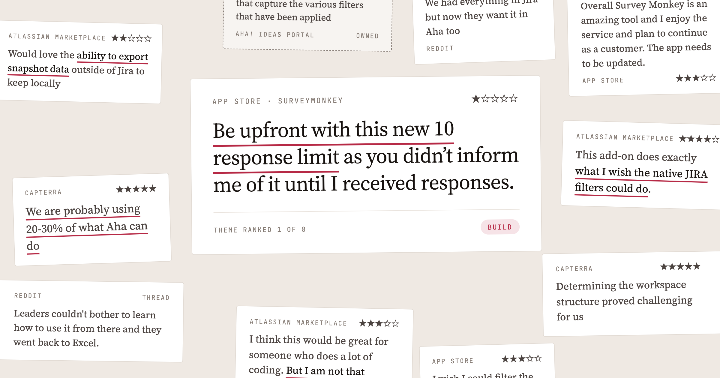 Public reviews quoted word for word, with the top theme ranked 1 of 8 and marked Build