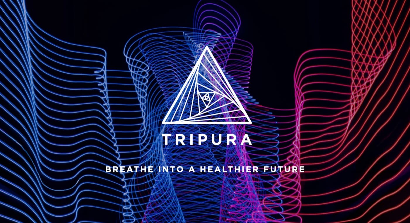 Tripura Breath — brand hero with a triangular logo over neon breathing waveforms